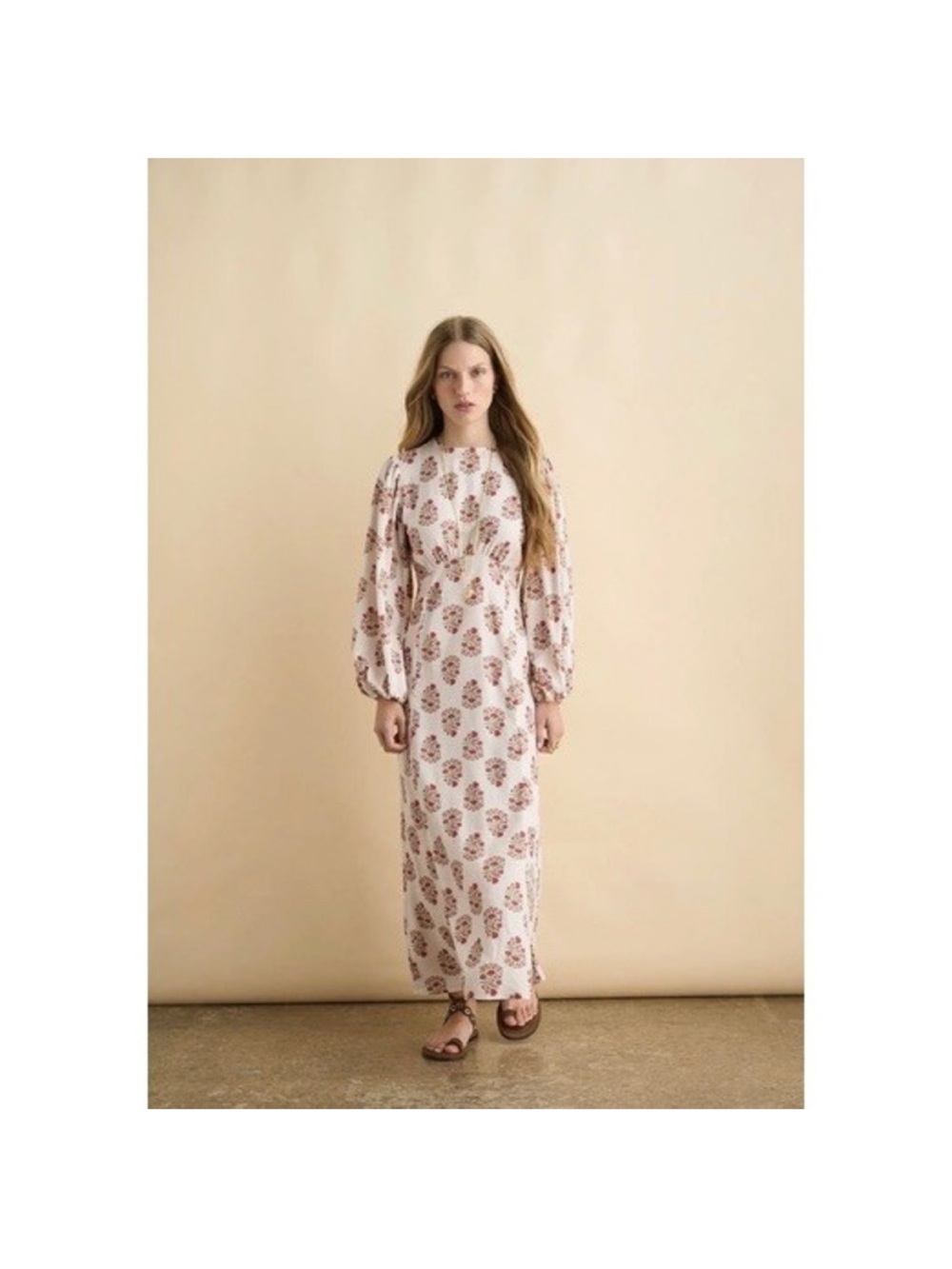 Sonmer Cream Maxi Dress with Red Floral Print - Long Sleeve